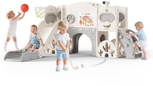 Tobogán 11 en 1 para bebés, tobogán interior y exterior para niños con canasta de baloncesto, golf, telescopio y espacio de almacenamiento, para 1 a 3 años