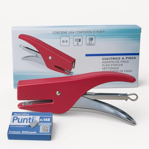 Terryshop74 Cucitrice a Pinza Manuale in Metallo con Punti n.148 Inclusi – Pinzatrice Ergonomica Professionale per Ufficio, Scuola e Casa – Disponibile in 4 Colori (Rosso)