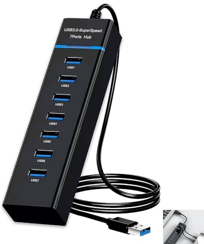 USB 3.0-hubb med 7 portar, USB-adapter för flera portar i aluminium med 120 cm kabel, 5 Gbps, splitter för stationär och bärbar dator, kompatibel med tangentbord med hårddisk och mus, USB-minne
