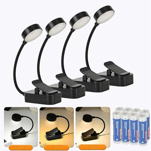 Darlur 4 Pack Book Light for Reading in Bed，3 Color Temperature Reading Light，Adjustable Brightness，Clip on to Book for Reading at Night