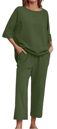 Completo Donna Estivo Leggera Elegante Tute Cotone E Lino Casual Curvy Tuta 2 Pezzi Maglietta Maniche Corte E Pantaloni Gamba Larga Set Coordinati Estivo Completi Taglie Forti Larghi Casa Spiaggia