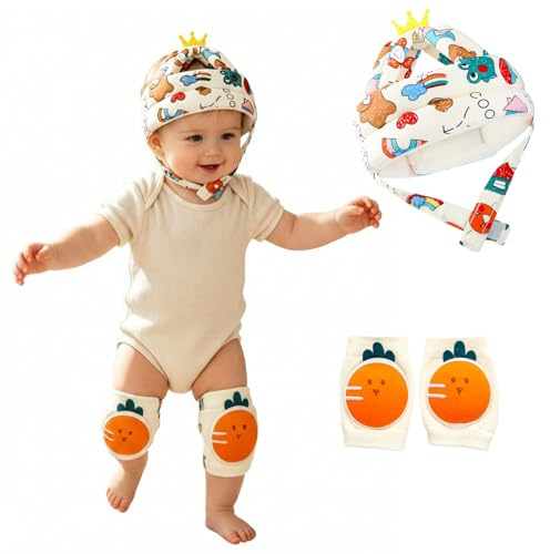 HUANYO Baby huvudskydd med grått skogstryck och dinosaurie knäskydd set – justerbar, andningsbar anti-fall säkerhetshjälm för småbarn 5-36 månader, perfekt för att lära sig gå unisex (grå) (rosa)