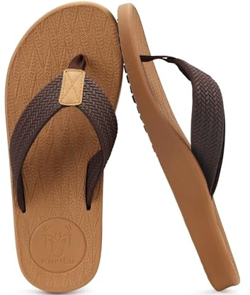 KuaiLu Infradito Uomo Estive Morbide Pelle Ciabatte Comode Supporto Arco Plantare Sandali Infradito Spiaggia Piscina Flip Flop Cuoio Mare Leggere Antiscivolo Gomma Suole cachi marrone 43