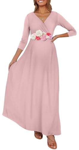 KIM S Mammaklänning, maxiklänning med blomband, omlottklänning, rynkad och V-ringad klänning för fotografering och babyshower (storlek S–3XL), Puderrosa, L