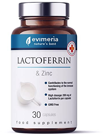 EVIMERIA Pura Lactoferrina fuerte con Zinc | Refuerza el Sistema Inmune | Suplementos de Defensa Inmune | Antioxidante Natural | Cápsulas plus 200 mg | Tratamiento de un mes | Made in Italy