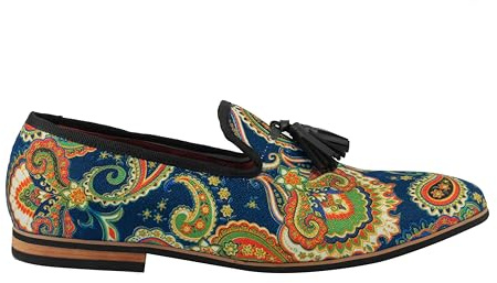 Mens Leather Tassel Loafer Vintage Designer Style Paisley Print Shoes Black Blue [UK 9 EU 43,Navy Blue]