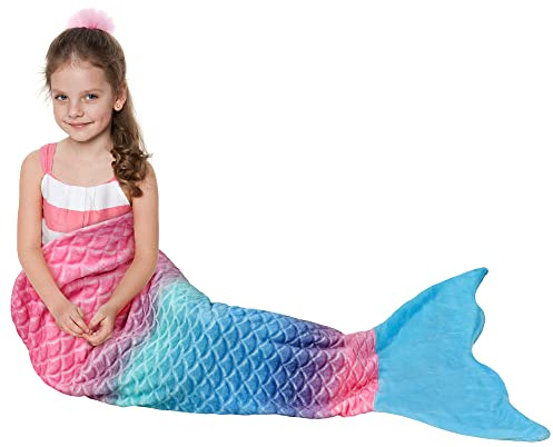 Catalonia Classy Mermaid Tail Blanket, Soft Warm Plush Fleece Sleeping Bag Snuggle Blanket for Teens 155 x 48 cm (61 x 19) Rainbow Ombre, Fish Scale Pattern