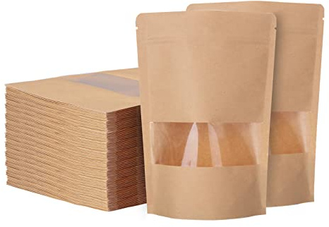 SENENQU Lot de 200 Sachet kraft Alimentaire avec Fenetre, 9×14CM Sachet Kraft Zip Réutilisables, Imperméable Sac Kraft Alimentaire Petit Format pour Noix, Nourriture
