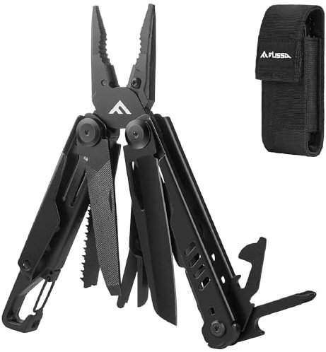 FLISSA Multifunktionszange 15-in-1 Faltbar Multitool Werkzeug Edelstahl Multifunktionswerkzeug mit Karabiner Messer Schere Säge Feile Ideal für Wandern Angeln Reparieren mit Tragtasche Schwarz