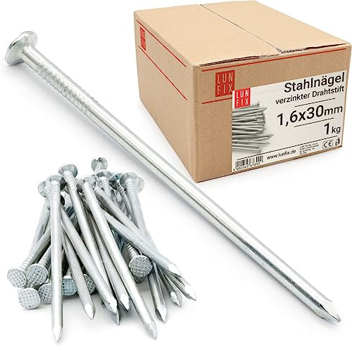 Lun Fix Stahlnägel 1,6 x 30 mm - 1kg (ca.1900 stk.) Holznägel für Bauarbeiten Verzinkter Baunägel Nägel 30 mm lang Drahtstifte Nägel Senkkopf verzinkt für Tischlerarbeiten, home decor, DIY, crafts