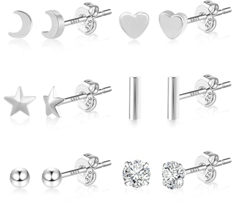 ASH'S CHOICE Pendientes Para Mujer 6 Pares De Pendientes Pequeños Para Cartílago Oreja Clavos Chapados En Plata S925/Oro De 14 Quilates Hipoalergénicos, Adecuados Para Mujeres, Niñas y Hombres