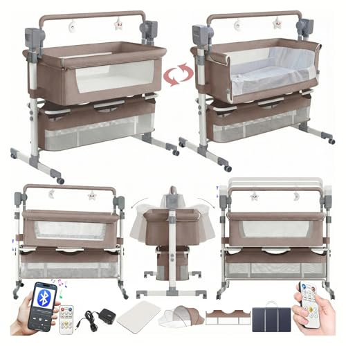 Baby sängbord spjälsäng baby sängsäng multifunktionell spädbarn sängsäng sovsäck baby liggdel cabriolet bärbar hopfällbar baby vagga ggunga med bluetooth musik 5 svängbara växlar fjärrkontroll (Khaki)