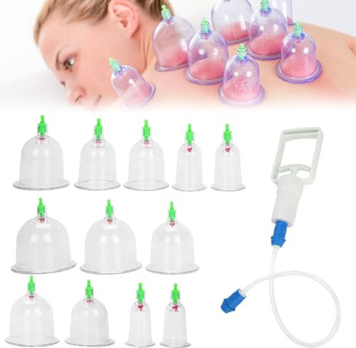 WIYETY Set de ventouses Cupping Therapy Sets : 12 pièces ventouses en verre avec pompe à vide, ventouses avec poignée de pompe et tube d'extension, set de ventouses thérapeutiques pour tout le corps