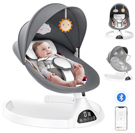 BlundiQue Babywippe Elektrisch mit Mobile App Steuerung und Fernbedienung,Elektrischer Babyschaukel Stuhl mit 5-Schwing Amplituden 3-Stufen Timer Elektrischer Prahler für Baby(grau)