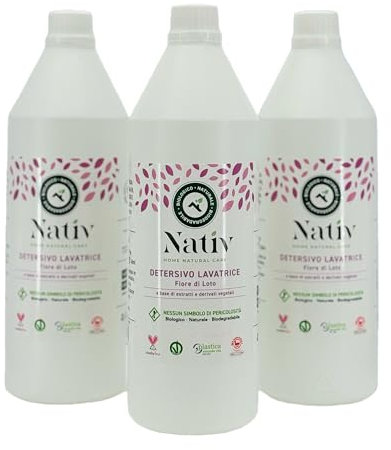 Eco Lab Nativ Detersivo Lavatrice 100% Naturale. 3 flaconi da 1 L. Detersivo ideale per tutti i tessuti. Efficace anche a freddo, elimina gli odori e gli aloni di sudore.