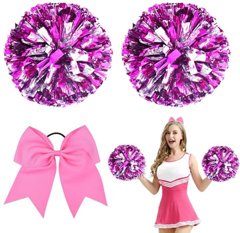 Meanju 3 Stück Cheerleader Pompons, Cheerleader Pompons Rosa, Sport Pompons Cheers Ball Pompoms, 2 Pompoms + Haarband, Metallfolie Puschel Tanzpuschel für Tanzparty Sport Wettbewerb Team Geist