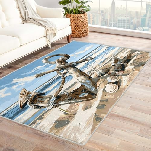 TANTANICAL Anker Teppich Wohnzimmer Schlafzimmer, 80x150 cm, Maritim Strand Motiv Design, Waschbar, rutschfest, Kurzflor, Weich, Zimmer Deko Teppich
