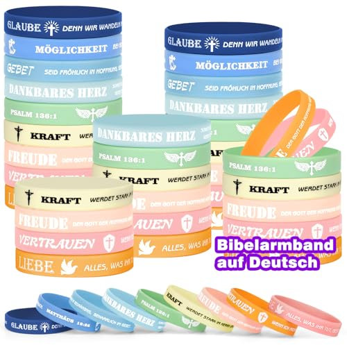 HONTIUS Bibelvers Silikon Armbänder auf Deutsch, 8'' Religiöse Bible Motivationsarmbänder Silikonarmband Jesus Gummi Elastische Armbänder Armband Gummiarmbänder Bulk Christliche Geschenke 36 Stück-C