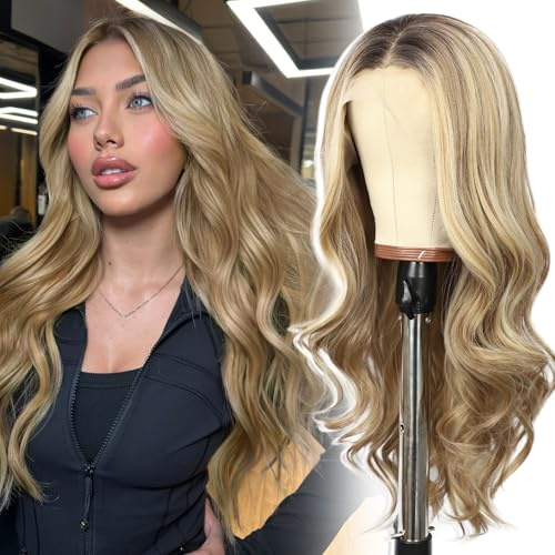 SOMIARIK 33 x 10 cm Dentelle frontale courte ondulée blonde foncée avec racines foncées Perruques Balayage en dentelle synthétique pré-épilées avec cheveux de bébé 150 % de densité pour soirée