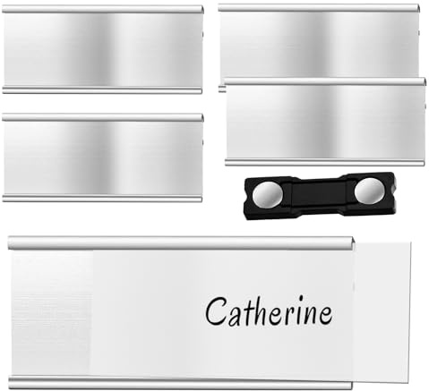 5 stycken aluminiumnamnskyltar med stark dubbelmagnet, namnskyltar för klädmagnet, professionell magnet namnskylt med pappersspår, ca 72 x 35 mm (2,8 x 1,4 tum) (silver)