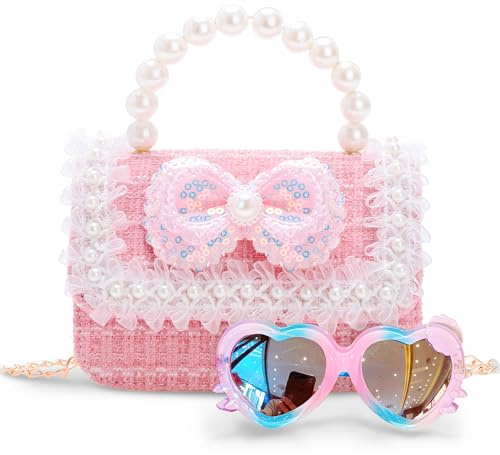 Toddler Purse for Girls, Kids Purse with Pearl Bow, Little Girl Purses with Sunglasses, Gift for 3-12 Year Old Birthday Gift, Princess Handbags, Crossbody Bag for Girl