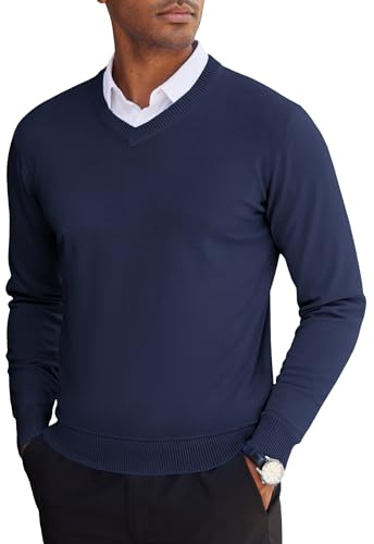 COOFANDY Men's Jumper V-Neck Sweater Long Sleeve Dress Jumpers Casual Business Pullover Regular Fit Winter Jumper Warm Knitted Sweater Navy Blue L