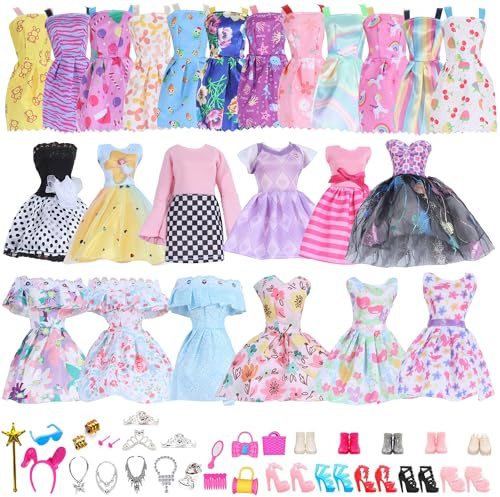 44 Pcs Dolls Clothing and Accessories with Doll, Princess Gowns, Fashion Dresses, Shoes, Crown,Bag Ring and Other Accessories, Doll Playset Dress up for Girls Toddlers Gift