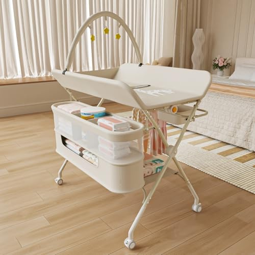 OHMG Table à Langer,Pliable,83-91cm,5 Réglable en Hauteur,Organiseur de Couches,roulettes 360° avec Frein,Harnais et Barrière de Sécurité,Rangement Panier Latéral et Tringle de Suspension,3 Jouets