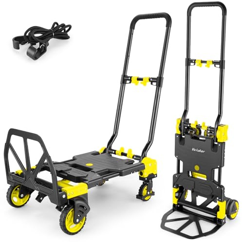 2-in-1 Foldable Hand Truck Dolly,330lb Cart Retractable,4& 2 Wheel,Yellow | Aluminum alloy,5in flat-free rubber wheels, folds flat to 25x18x4.6in, 18lb,tool-free wheel switch, ideal for office / home