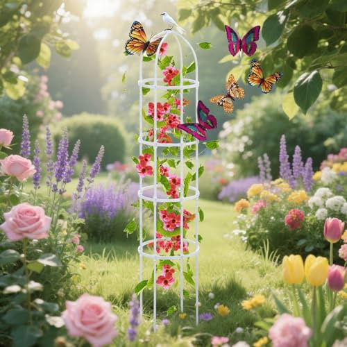 Obelisco da giardino in metallo per piante rampicanti, graticcio decorativo per giardino, patio e cortile, bianco, 40 cm x 125 cm, ideale per viti e fiori