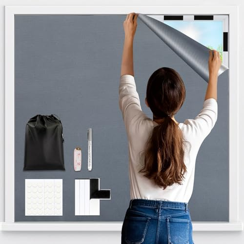 Vexyra Estores Opacos Sin Taladrar, 200x148cm Tela Opaca para Ventanas con Revestimiento Térmico Aislante, Cortina Blackout Curtains Portátil y Cortable Foscurit para Hogar, Velux, Caravana y Viajes