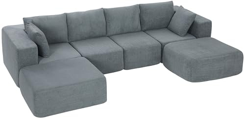 HOMCOM Divano Angolare Modulare 4 Posti Senza Struttura, Seduta Ampia Profonda, Divano Componibile a U con 2 Pouf, Braccioli Larghi e Cuscini, in Velluto per Soggiorno, 294x165x70 cm, Grigio Scuro
