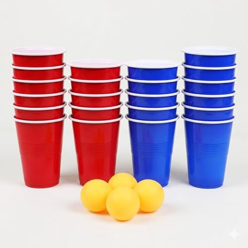 TopHomer Set da gioco per Beer Pong, 26 pezzi: 11 tazze rosse, 11 bicchieri di plastica blu (453,6 g ciascuno), 4 palline da ping pong, set perfetto per giochi e incontri