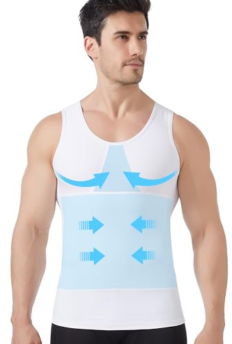 Men's Compression Shapewear Vest, Double Layer Tummy Control for Gynecomastia Beer Belly, Breathable Mesh Chest Invisible Crew Neck, Slimming Undershirt Multi Occasion Workout Daily Wear