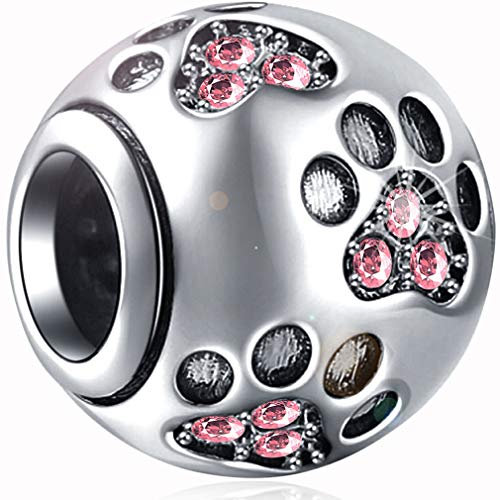Paw Prints Solid 925 Sterling Silver Charm Pet Dog Cat with Pink Crystal Designs Ball Shape European Style Beads and Charms