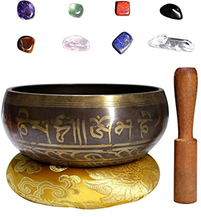 Campana Tibetana, MKNZOME 3.74'' Ciotola Tibetana fatta a mano con Pietre Chakra Ciotola sonora da meditazione per Terapia del Suono, Guarigione, Yoga, Zen, Sollievo dallo Stress e dall'Ansia