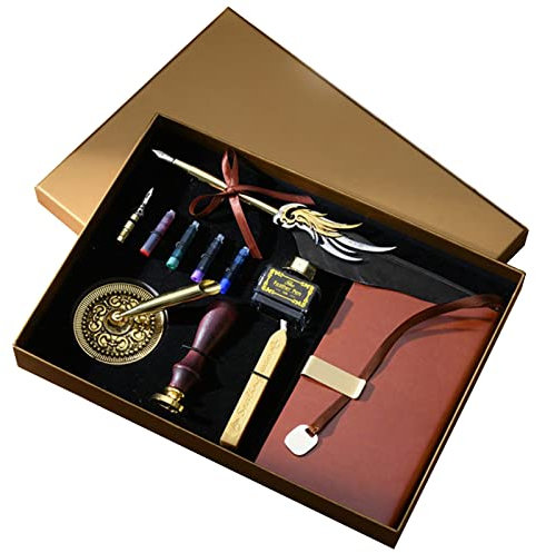 JasCherry Schreibfeder mit Tinte Set- Vintage Kalligrafie stift mit Wachssiegel Stempel, Federkiel Set mit Tinte & Notizbuch in Geschenkbox für Geburtstag Weihnachten Schreibwaren Geschenk