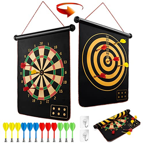 LiRiQi Magnetisch Dartscheibe Kinder mit 12 Sicheren Darts, Spiele für Kinder/Erwachsene im Innen & Außenbereich, Doppelseitige Dartboard Freizeit Sport, Geschenke für Kinder 4-12 Jahre, 38cm, 2 Haken