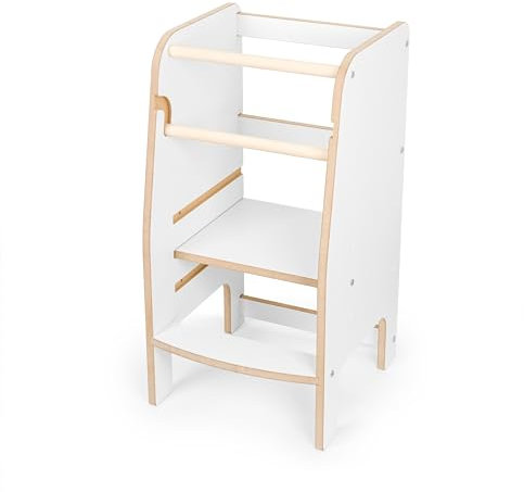 Montessori Lernturm ab 1 Jahr- Learning Tower - Lernstuhl - Tritthocker mit 2 Stufen & verstellbaren Fachböden - Tritthocker Kinder - Küchenhelfer - Hochstuhl Kinder - Weiß
