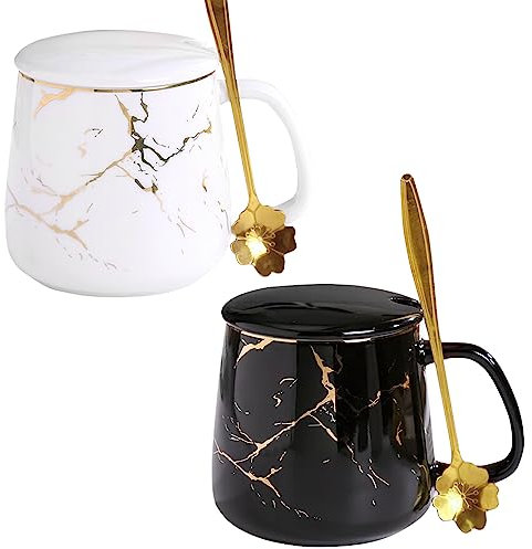 Juego de tazas de café, 2 tazas de 380 ml, de cerámica, tazas de café de mármol, tazas de café para té, café, leche, capuchino, con agujeros y tapas, cumpleaños para mujeres, boda, regalos