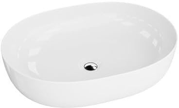 LAVITA Aufsatzwaschtisch Blas Aufsatzwaschbecken Oval Waschbecken ohne Überlauf und Hahnloch Aus hochwertigem Porzellan Waschtisch modernes Badkeramik Waschplatz 59,5x43x13,5 cm Weiß