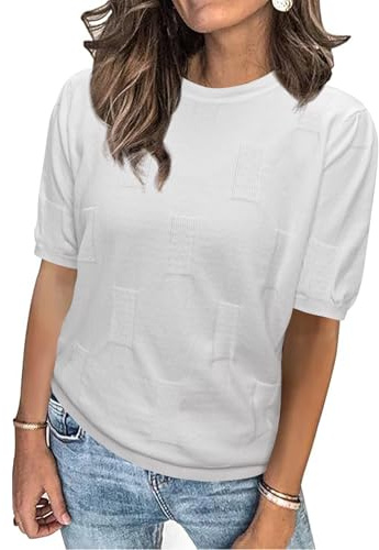 Totatuit T-Shirt Femme Été Chemisier Chic Blouse Col Rond Tops à Manches Courtes Hauts Décontracté Tricoté Mode Ample Top Imprimé Tunique Blanc，M