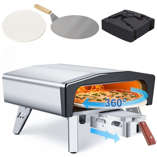 EROMMY Gas Pizzaofen mit automatischer Drehfunktion,500 Grad 20 Zoll (50,8 cm) tragbarer Pizzaofen gas outdoor mit klappbaren Beinen,Tragetasche,ausziehbarem Pizzastein, Gasofen für Camping, Hinterhof