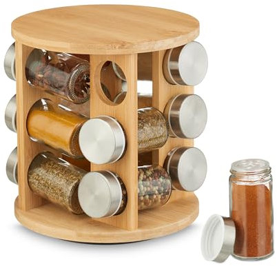 Relaxdays Portaspezie da Cucina, 12 Barattoli Spezie, Fori Spargispezie, Girevole a 360°, HxD: 21x21 cm, bambù, Naturale, Vetro, Acciaio Inox
