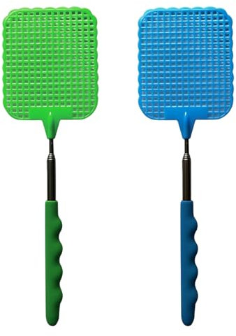2 Pièces Tapettes à Mouches Extensible, Manche télescopique Lutte Antiparasitaire Manuelle, Portable Tapettes Anti Moustique pour Insectes-Bleu/Vert