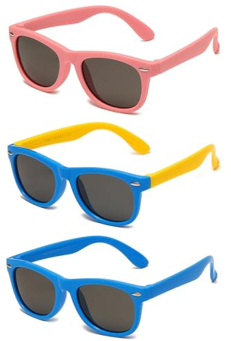 FveVqe 3 Pair Boys Sunglasses, Retro Colored Frame Sunglasses Kids for Boys Girls, Stylish Polarized Toddler Sunglasses for Kids Travel Beach School Shopping Party Decoration