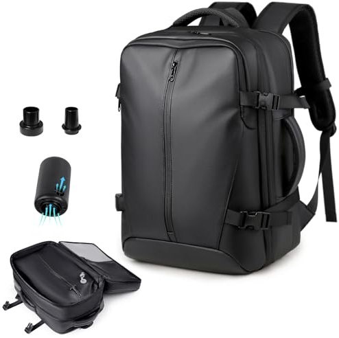 FormiPow Sac à dos de voyage sous vide avec pompe, compression par airbag, extensible de 36 à 60 L, compatible avec les bagages à main, antivol TSA, pour trekking, travail, pour femmes et hommes, noir