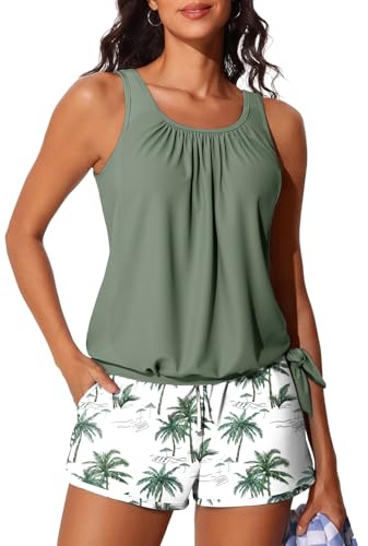 Summer Mae Blouson Women’s Tankini Swimsuits with Shorts Tummy Control Bathing Suits Side Pockets Green Shadow Large 2026