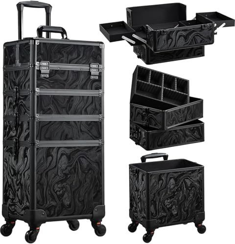 Stagiant 4-in-1 Makeup Trolley Vanity Case Makeup Case Make Up Box Organiser Storage Hairdressing Trolley on Wheels Nail Technician Polish Organiser Box, Alpine Black