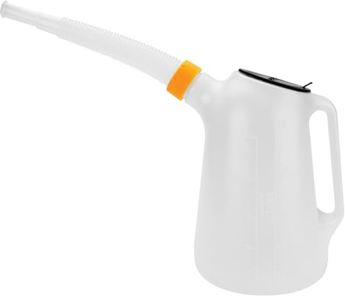 Performance Tool W4046 5 Qt. Oil Jug w/Lid - Measurement Markings, Pouring Handle, Flexible Spout, Spill-Free Oil Transfer, White
